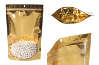 Doy Pack tipi çantalar 200x50x300 mm  alüminyum arka yüzü altın sarısı, önü şeffaf fermuarlı ve ısıl yapıştırma ile kapatma özelliği - 100 adet