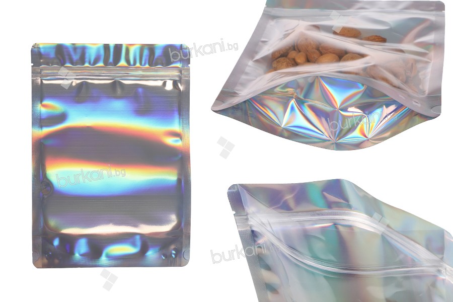 Алуминиеви торбички  тип Doy Pack, прозрачни отпред с "цип" и с възможност за термозапечатване180x40x255 mm - 50 бр.