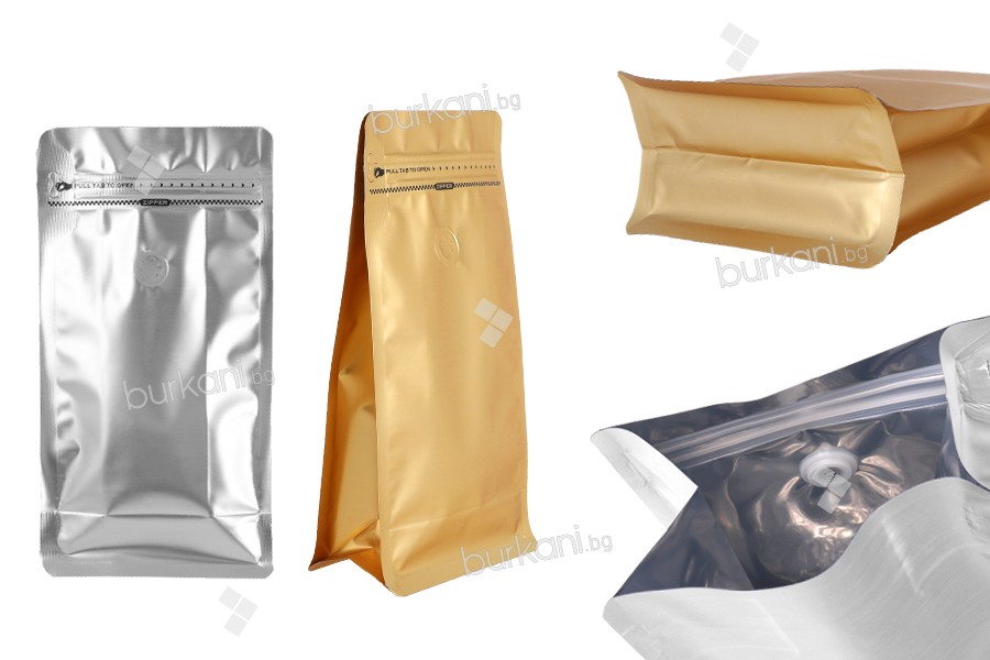 Doy Pack tipi alüminyum çanta  135x75x265 mm, valfli, fermuarlı ve ısı yapışma özelliğine sahip - 25 adet