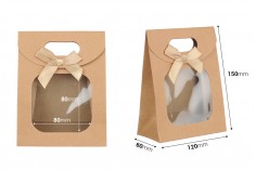Подаръчна торбичка от крафт хартия 120x60x150 мм със самозалепващо се затваряне, прозорец и панделка - 12 бр.