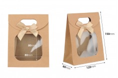 Paper gift bag 150x70x200 mm in white color with self-adhesive closure, window and bow - 12 pcs