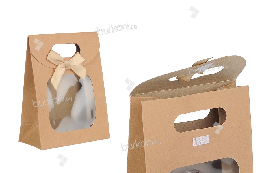 Paper gift bag 150x70x200 mm in white color with self-adhesive closure, window and bow - 12 pcs