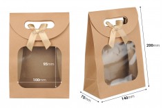 Подаръчна торбичка от крафт хартия 140х75х200 мм със самозалепващо се затваряне, прозорец и панделка - 12 бр.