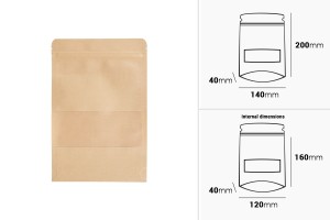 Пликове Крафт тип ДОЙ ПАК с размери 140x40x200 mm, с цип, с  прозорец, вътрешна и външна прозрачна облицовка - 100 бр.-изображение_размери