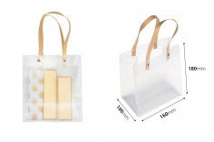 Gift bag plastic 160x80x185 mm semi transparent with bow and handle in leather texture - 12 pcs