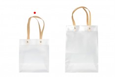 Gift bag plastic 160x80x185 mm semi transparent with bow and handle in leather texture - 12 pcs