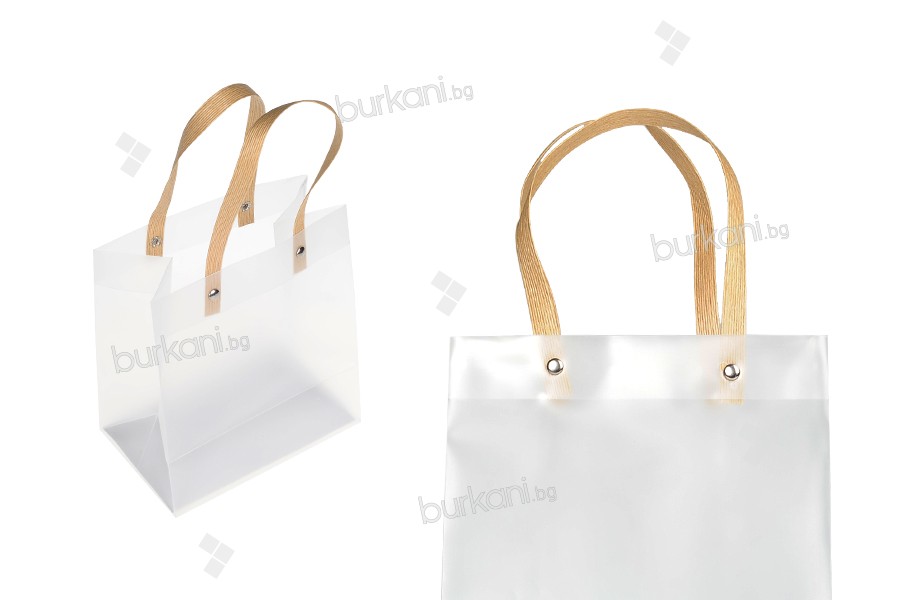 Gift bag plastic 160x80x185 mm semi transparent with bow and handle in leather texture - 12 pcs