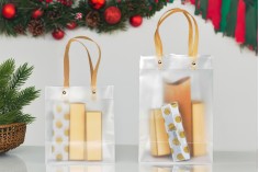Gift bag plastic 160x80x185 mm semi transparent with bow and handle in leather texture - 12 pcs