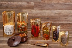 Алуминиеви торбички Doy Pack 180x50x280 мм със златиста задна част, прозрачна предна част с цип и възможност за термозапечатване - 100 бр.-изображение_група