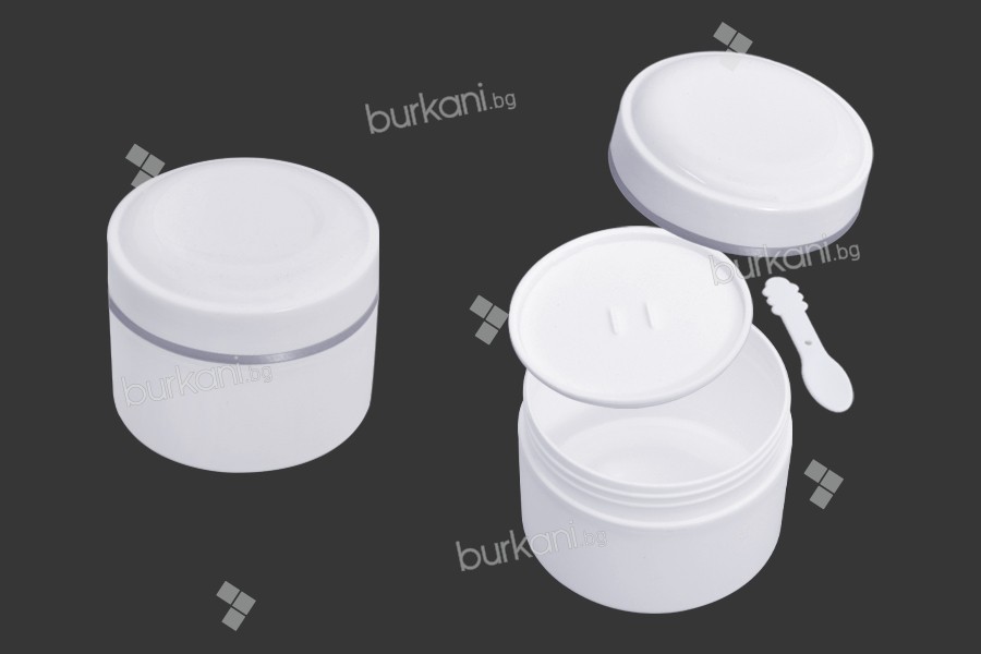  Пластмасов бял буркан за крем 200 мл с чаена лъжичка и пластмасово уплътнение - 12 бр.