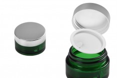 Стъклен зелен буркан 20 мл с капачка с уплътнител и външен пластмасов уплътнител
