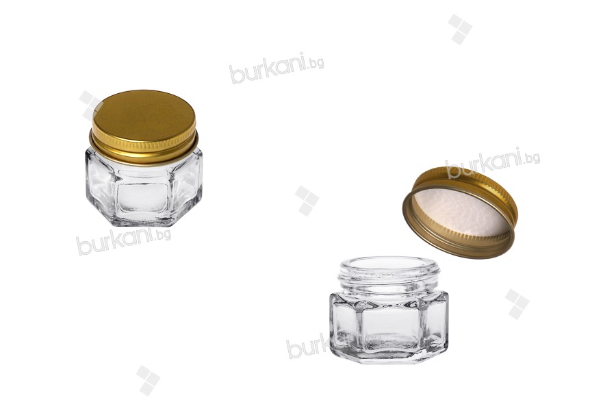 (Kapak üzerine ve iç conta) 15 ml glass altıgen altın, alüminyum kapak Jar