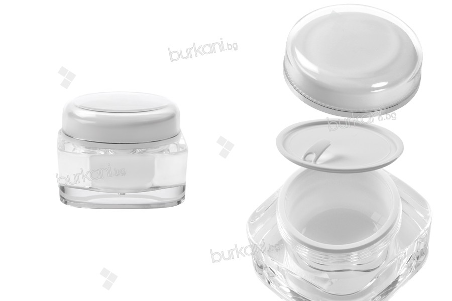 Пластмасов прозрачен (акрилен) Airless буркан 50 мл с бяла капачка и пластмасов уплътнител 