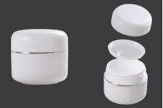 Пластмасово бяло бурканче за крем 20 мл с двойно дъно, с капачка със сребриста лента и уплътнител 