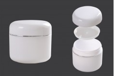 Бяла пластмасова кутийка за крем 50 мл  ( с двойно дъно) с капачка със сребиста лента 