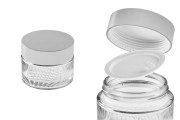 Gümüş alüminyum kapaklı 50 ml kremalı 50 ml cam şişe, kapaktaki iç kapak ve kavanozda plastik