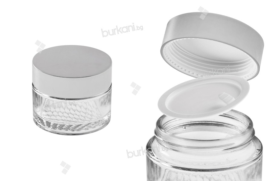 Gümüş alüminyum kapaklı 50 ml kremalı 50 ml cam şişe, kapaktaki iç kapak ve kavanozda plastik