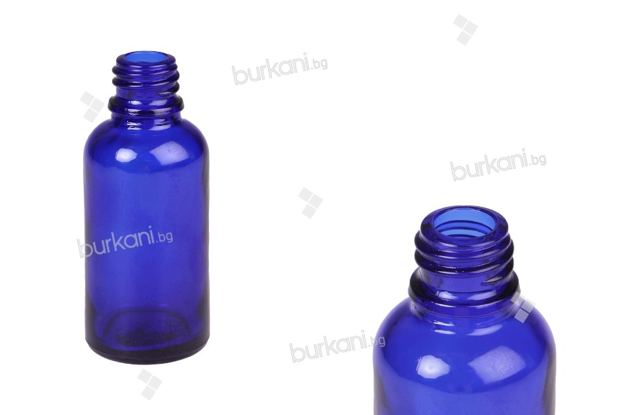 Стъклена синя бутилка 30 ml за етерични масла, с гърловина PP18 Стъклена синя бутилка 30 ml за етерични масла, с гърловина PP18
