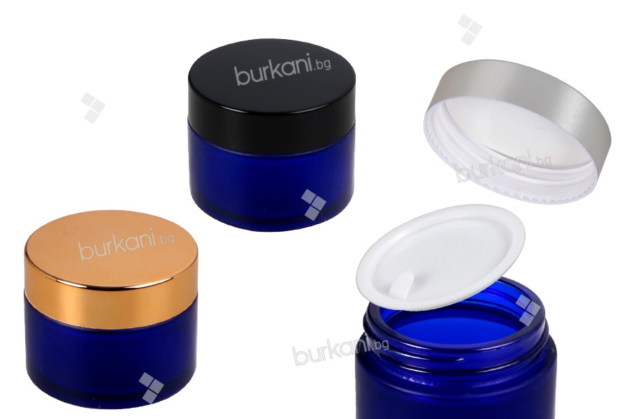 Стъклени сини матови буркани за крем 50 мл с различни цветове капачка и уплътнител