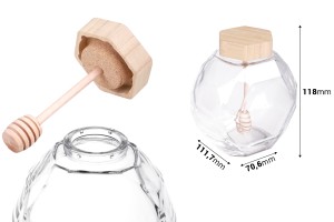 Стъклен буркан 380 мл за мед с дървена тапичка и лъжичка-изображение_размери