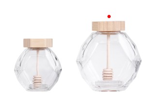 Стъклен буркан 380 мл за мед с дървена тапичка и лъжичка-изображение_група