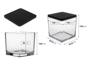 Стъклен декоративен квадратен съд 650 ml с размери 100x100x100 mm с дървена капачка за свещи-изображение_размери