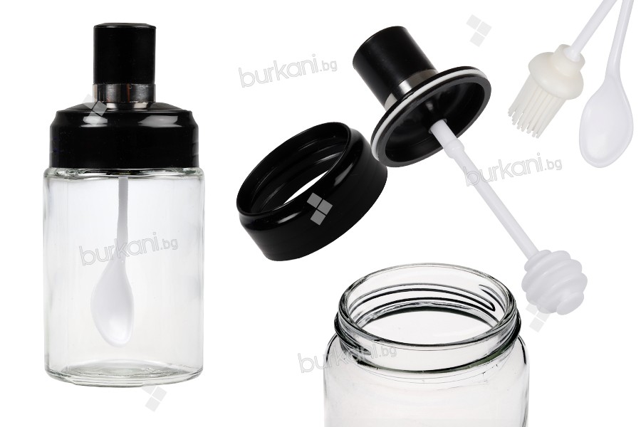 Стъклен  буркан 200 ml с персонализирана лъжичка, цедка и четка