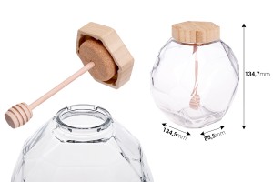 Стъклен буркан 1000 мл с дървена капачка и лъжичка за мед-изображение_размери