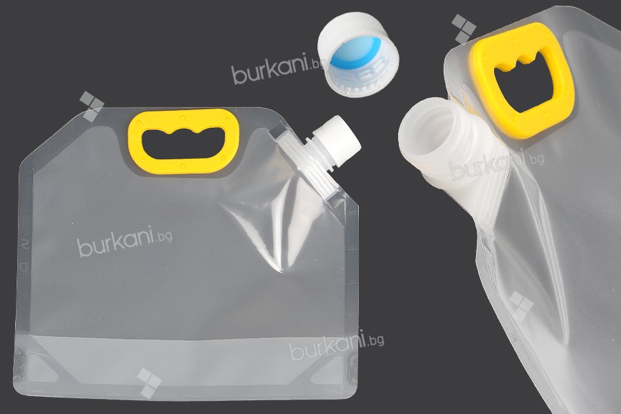 Опаковка тип Doy Pack прозрачна  1.5 литра  с бяла предпазна капачка и дръжка - 10 бр