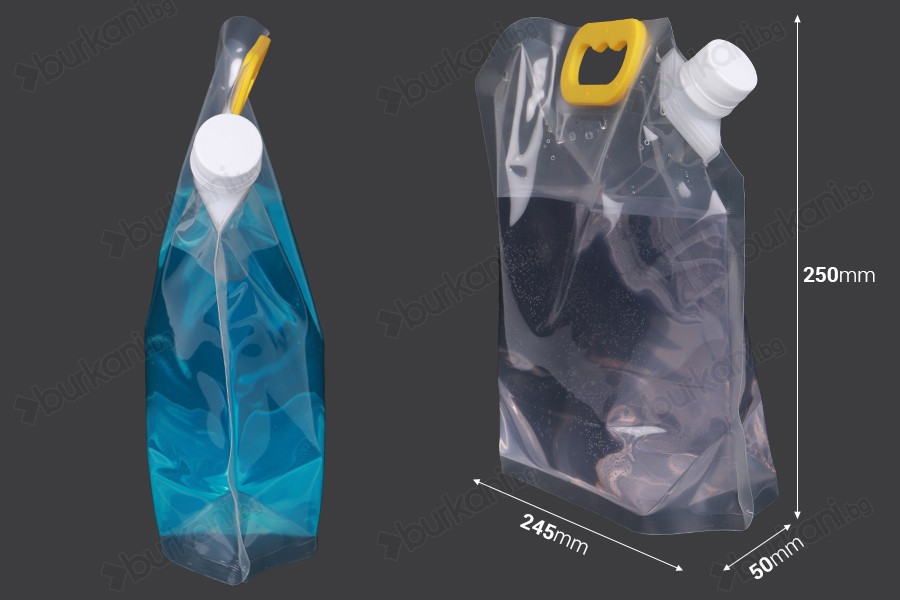 Опаковка тип Doy Pack прозрачна  2 литра  с бяла предпазна капачка и дръжка - 10 бр-изображение_размери