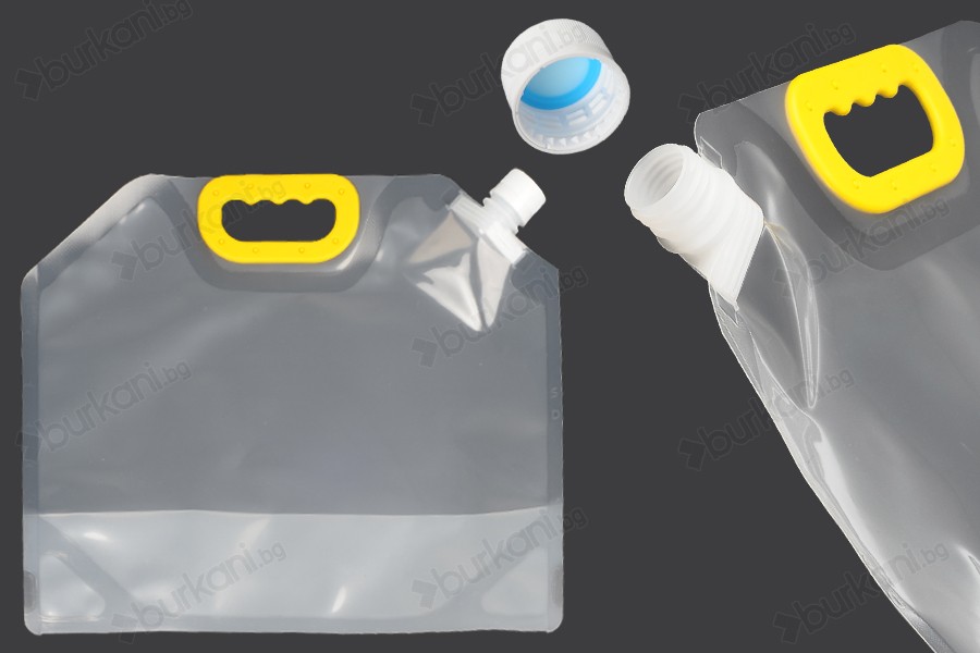 Опаковка тип Doy Pack прозрачен 5L с бяла предпазна капачка и дръжка - 10 бр-изображение_продукт