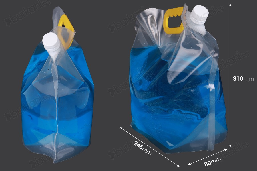 Опаковка тип Doy Pack прозрачен 5L с бяла предпазна капачка и дръжка - 10 бр-изображение_размери
