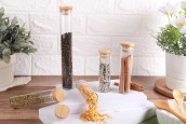 Прозрачна стъклена епруветка 110 мл с бамбукова капачка и гумичка - 6 бр