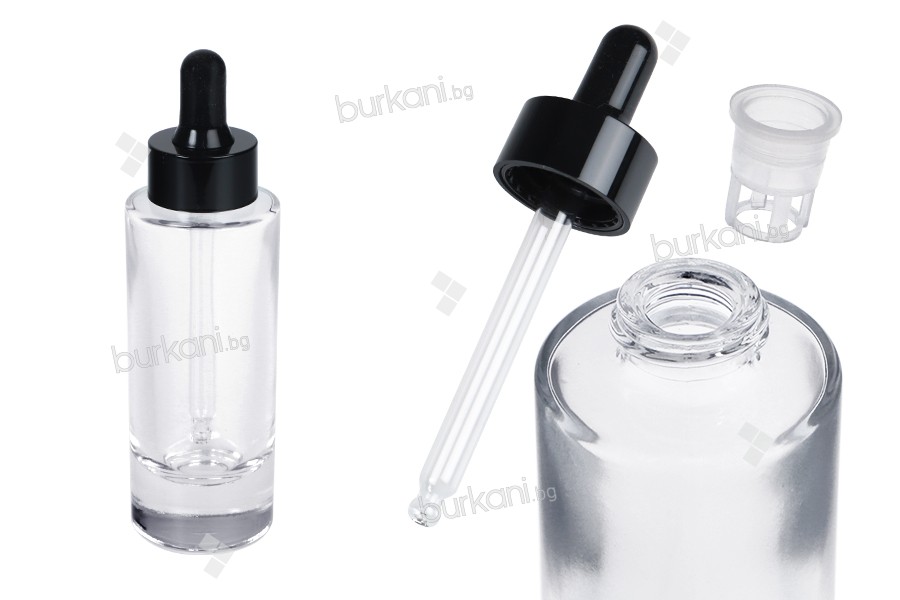 Serum ve süzgeç için siyah damlalıklı 30 ml şeffaf cam şişe