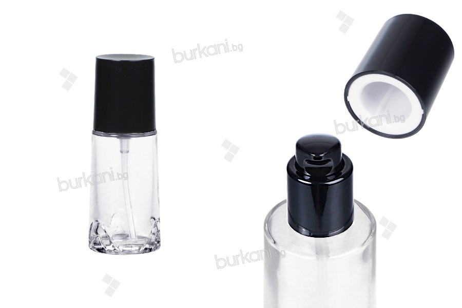 Стъклена прозрачна бутилка 40 мл с черна крем помпа и капачка