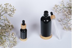 Plastik damlalıklı ve ahşap tasarımlı tabanlı 100 ml siyah cam şişe