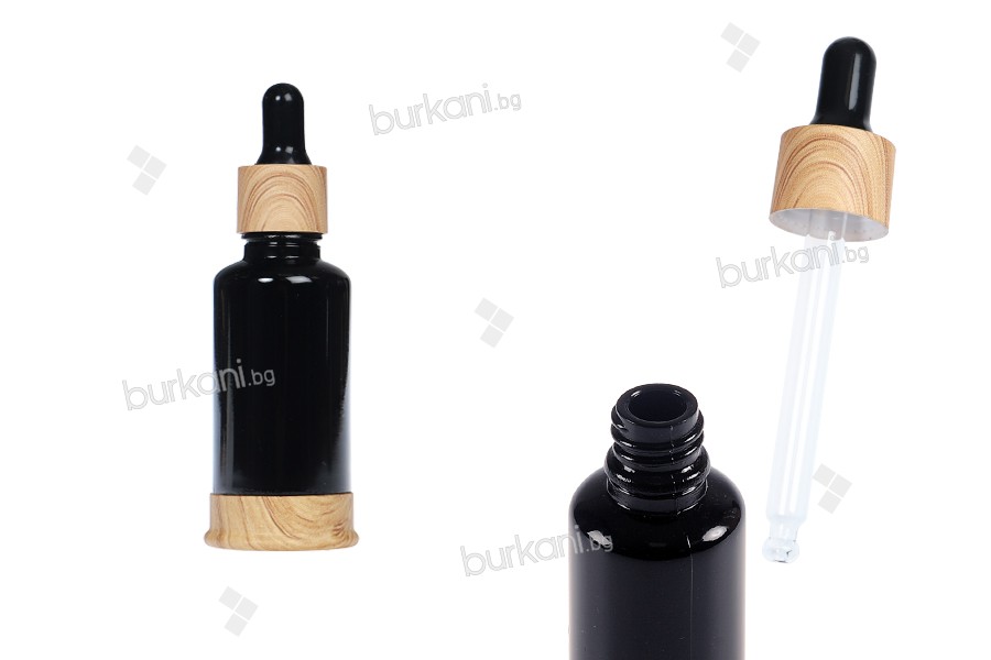 Ahşap tasarımlı plastik damlalıklı ve tabanlı 30 ml siyah cam şişe