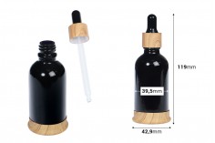 Стъклена бутилка 50 мл черна с пластмасов капкомер и дървена основа