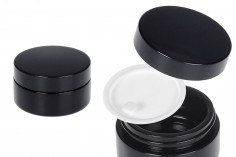 Kapaklı ve plastik contalı krema için 30 ml siyah cam kavanoz