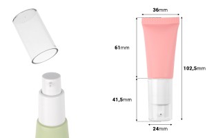 Пластмасова тубичка от 20 мл в различни цветове с бяла помпа и прозрачна капачка-изображение_размери