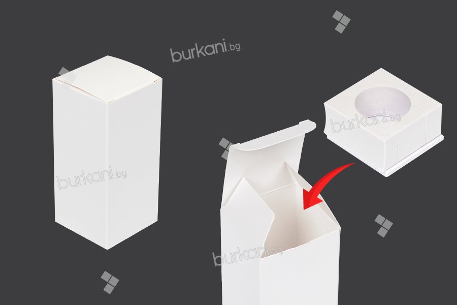 Опаковъчна кутия от бяла матирана хартия 50x50x110 mm с вътрешен джоб за бутилки с етерично масло 30 ml - 20 бр.