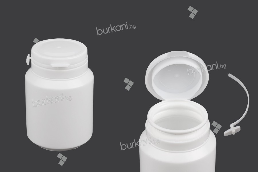 Haplar ve kapsüller için 50 ml'lik kapaklı beyaz plastik kavanoz