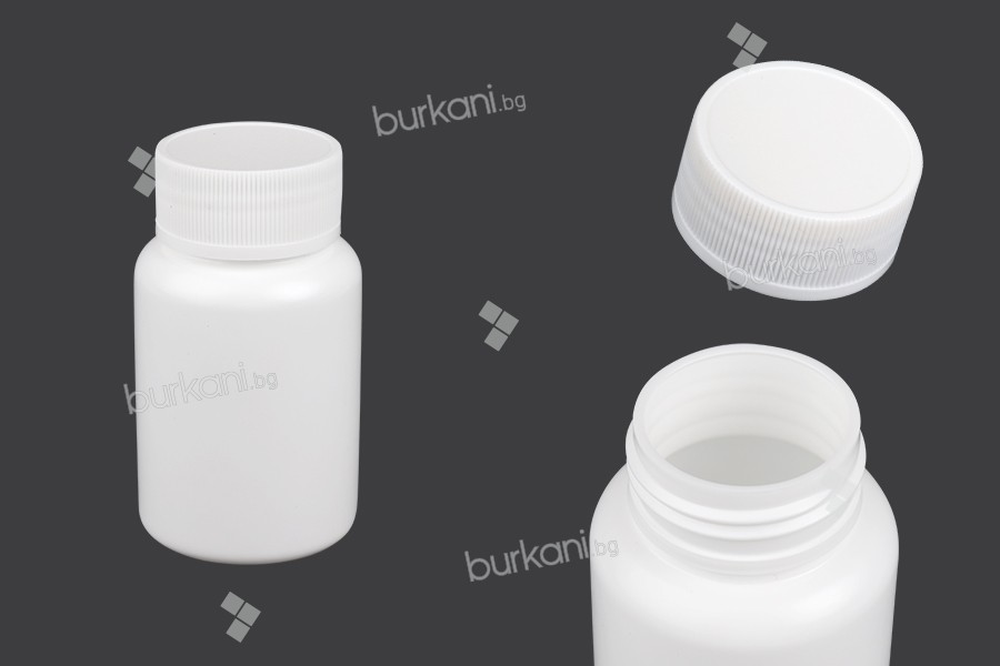 Haplar ve kapsüller için 100 ml'lik kapaklı beyaz plastik kavanoz