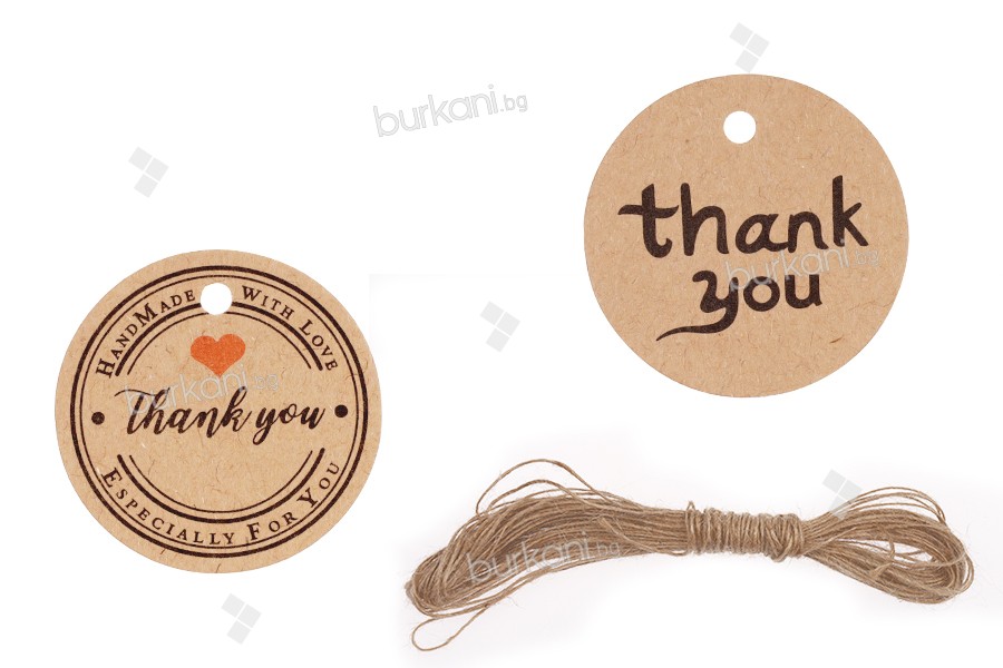 Хартиени етикети  с надпис "Thank you" и връвчица - пакет 100 бр. 