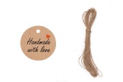 Хартиени етикети с надпис "Hand made with love" и връвчица - пакет 100 бр.
