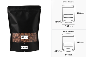 Крафт опаковка тип DOY PACK с размери 160x40x220 mm, с "цип" и с възможност за термозапечатване - 100 бр.-изображение_размери