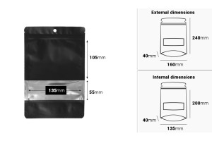 Алуминиеви торбички тип ДОЙ ПАК с цип затваряне с размери 160x40x240 mm, с прозорец и с възможност за термозапечатване - 100бр./пакет-изображение_размери