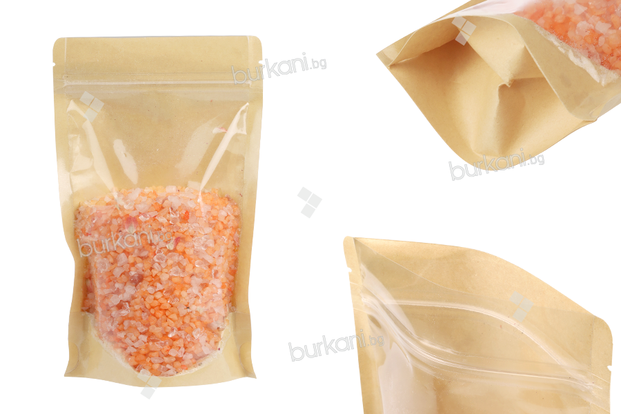 Торбички Doy Pack 120x40x200 mm  крафт гръб (14c), прозрачна предна част (8c) със закопчаване "цип" и възможност за запечатване с термозапечатване - 100 бр.