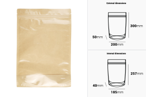 Торбички Doy Pack 200x50x300 мм крафт гръб (14c), прозрачна предна част (8c) със закопчаване "цип" и възможност за запечатване с термозапечатване - 100 бр.-изображение_размери