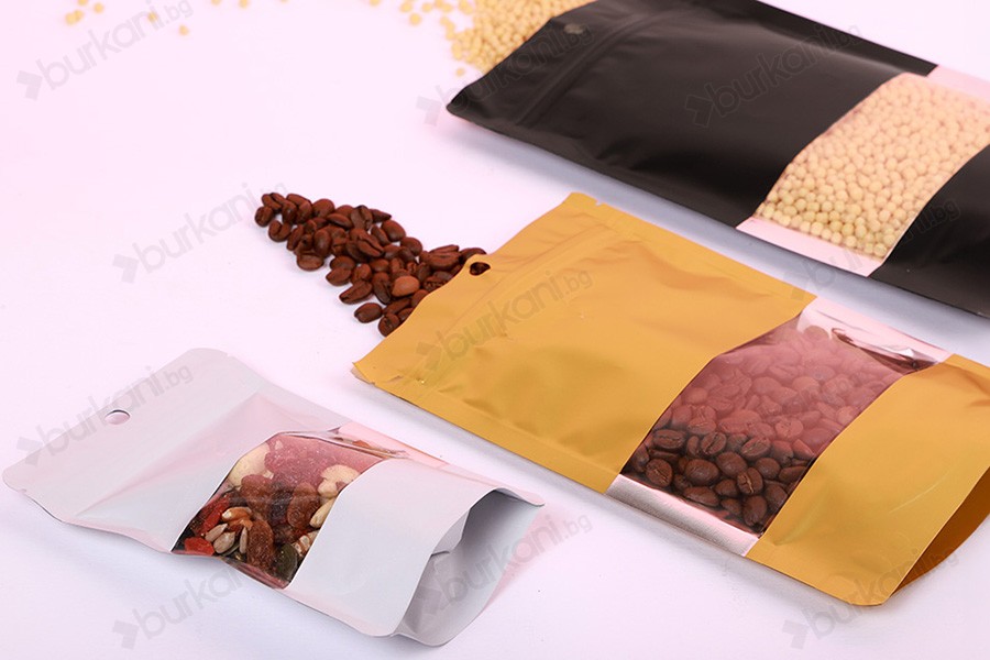 Алуминиеви торбички тип  Doy Pack 180x40x260 мм с цип, прозорец и възможност за термозапечатване - 100 бр.-изображение_група